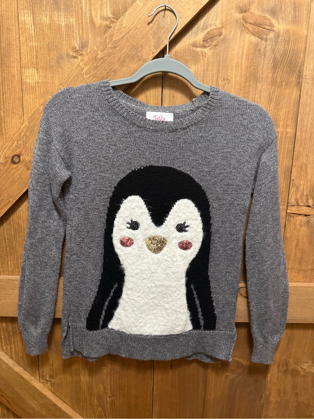Justice Grey Penguin Crewneck Sweater with White & Black Penguin
